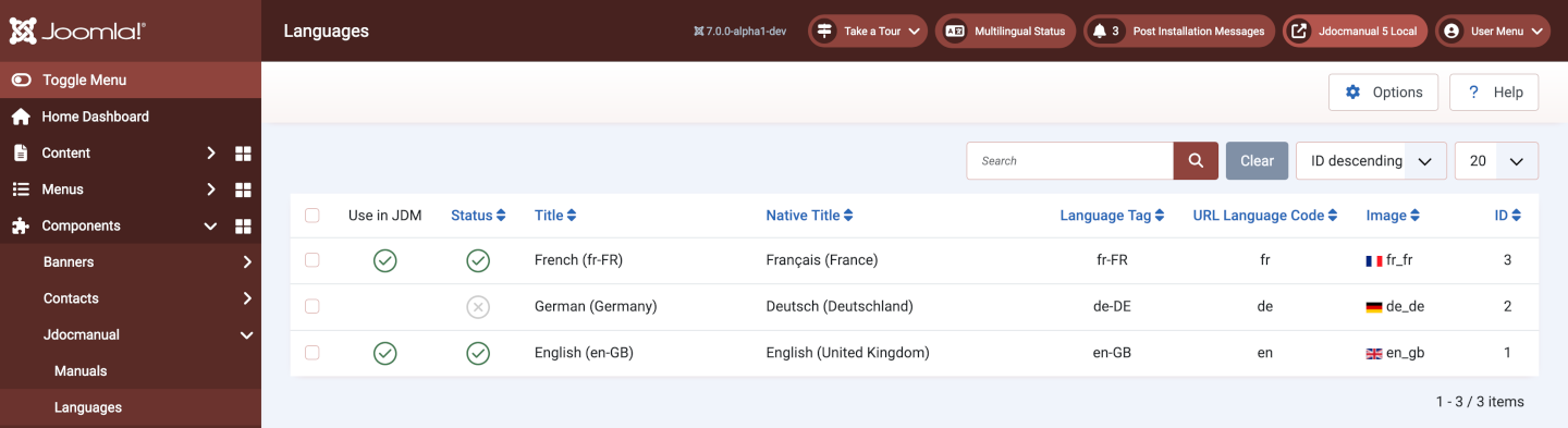 screenshot of the jdocmanual languages page