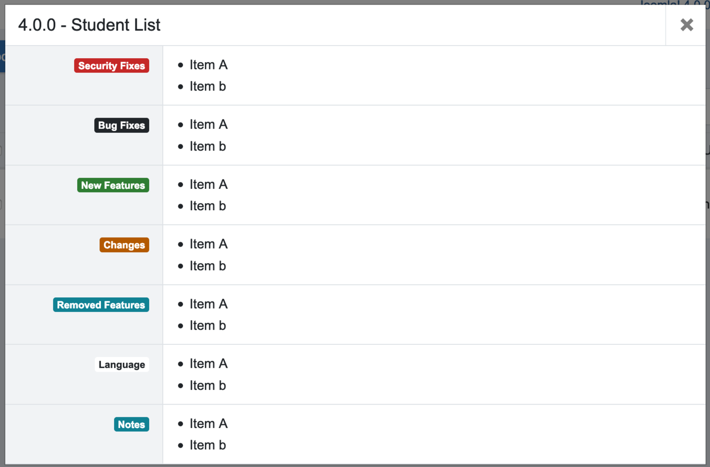 changelog modal view