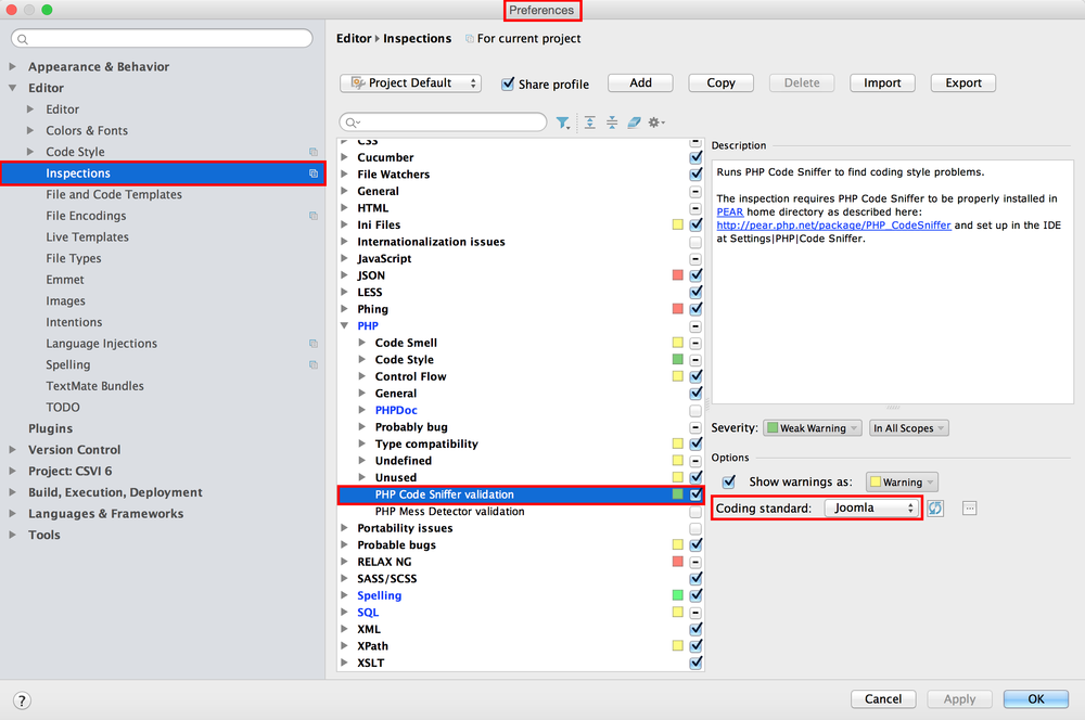 CodeSniffer in PHPStorm