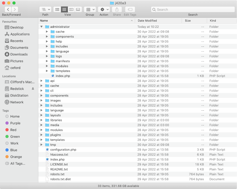 joomla file structure with administrator expanded