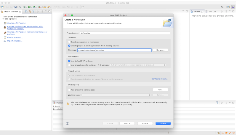 Eclipse new php project