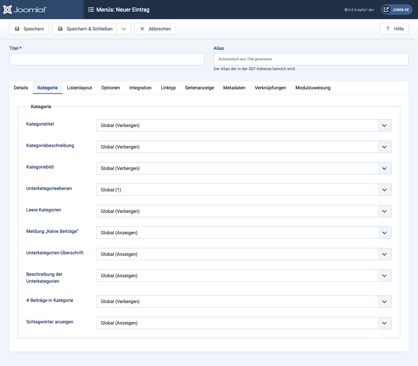 Menüpunkt Kategorie Liste - Kategorie-Tab