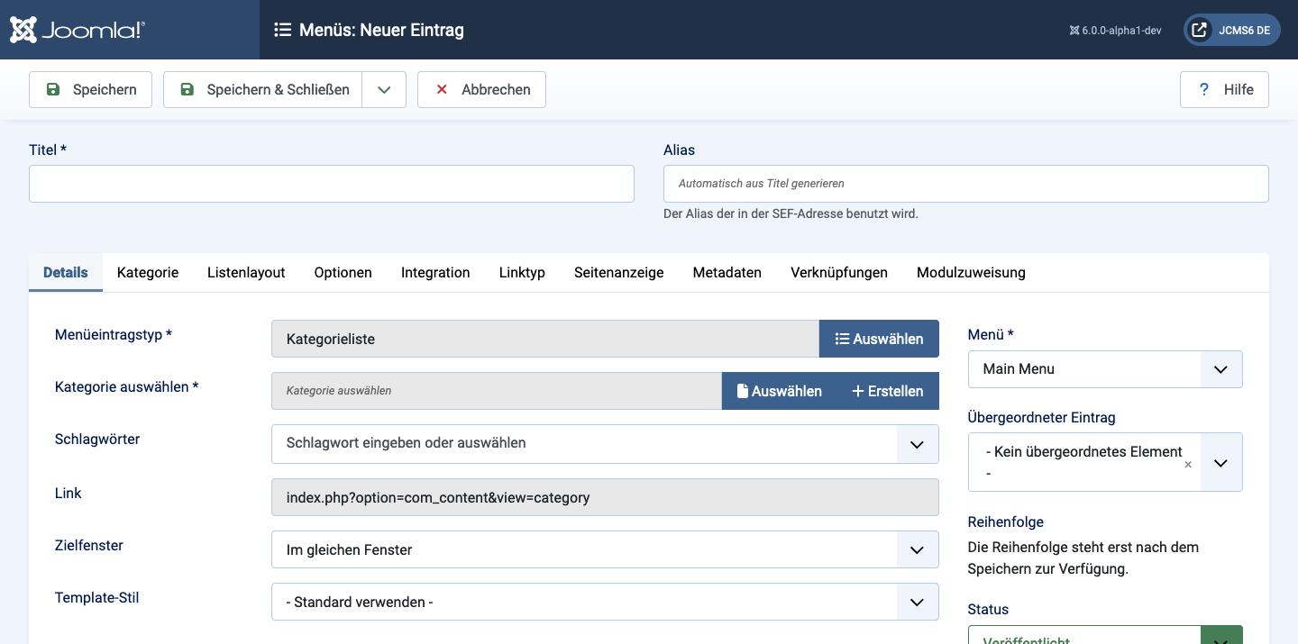 Menüpunkt Kategorie Liste