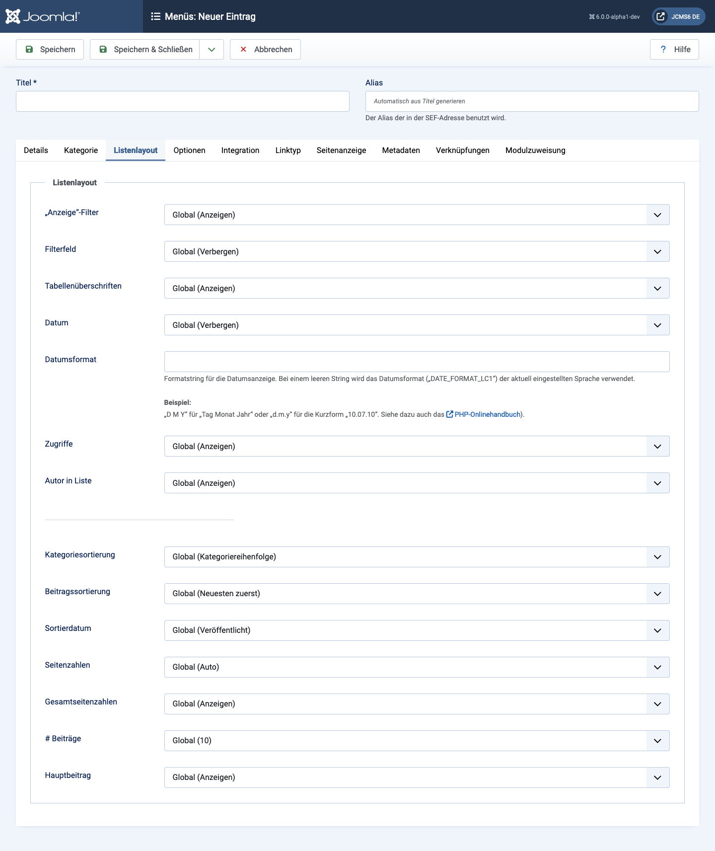 Menüpunkt Kategorie Liste - List Layouts-Tab