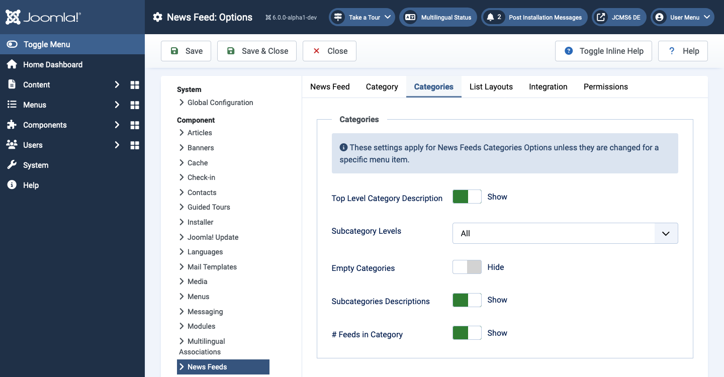 News feeds options categories tab