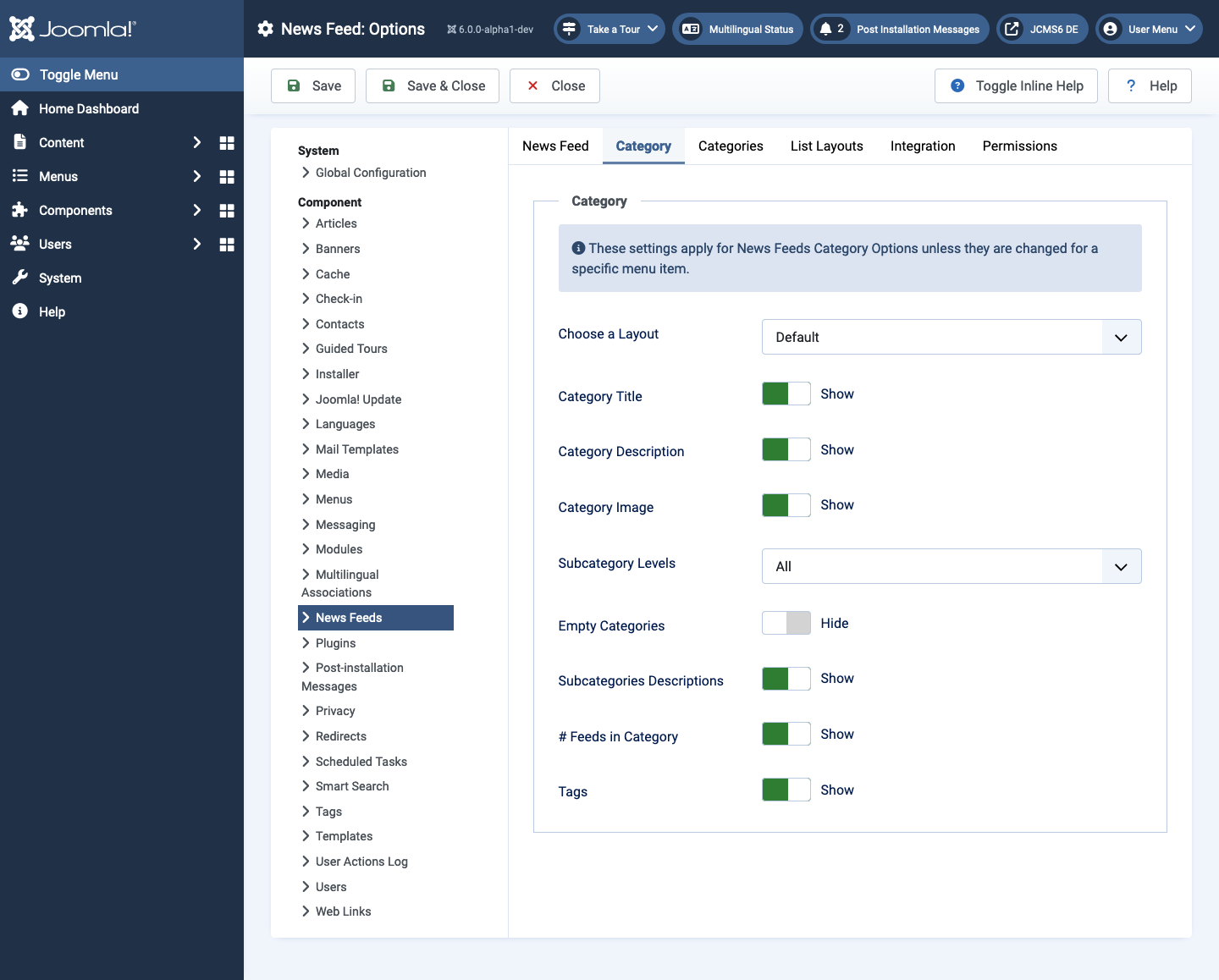 News feeds options category tab