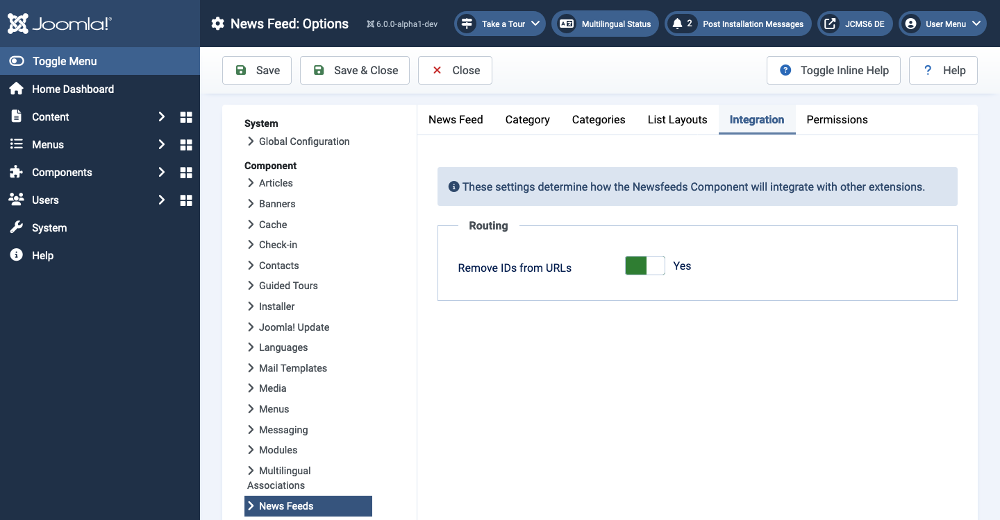 News feeds options integration tab