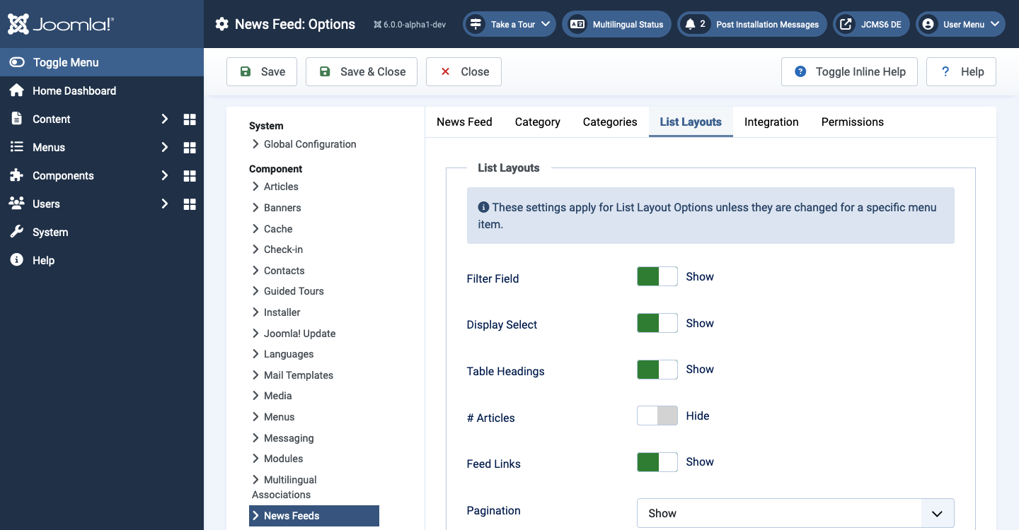 News feeds options list layouts tab