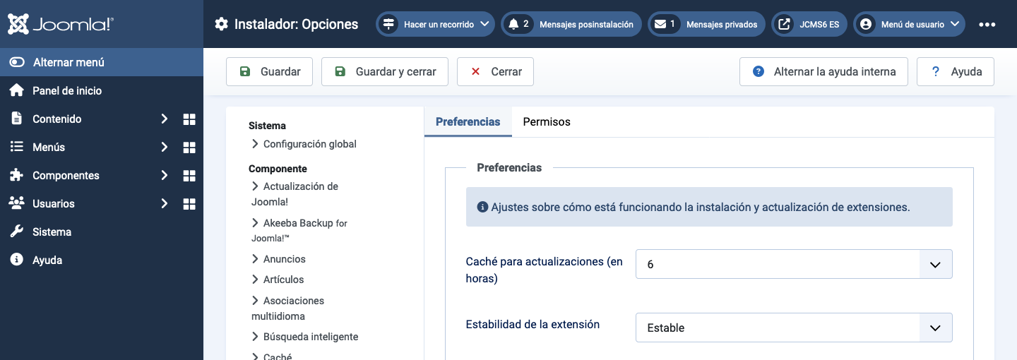 Pestaña de preferencias de Opciones del Instalador