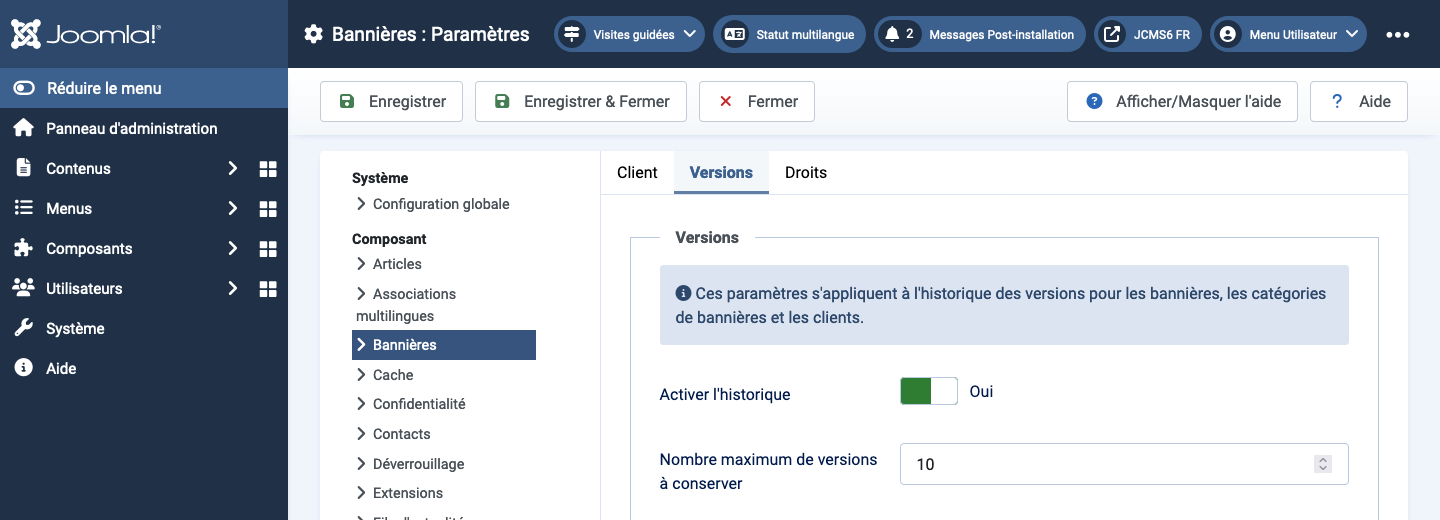 Onglet historique des options des Bannières