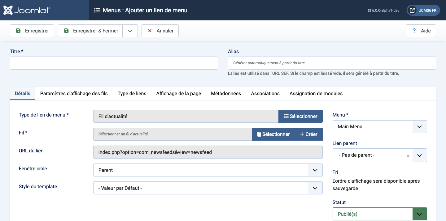 Détail de l'onglet d'un article unique dans le flux d'actualités du menu