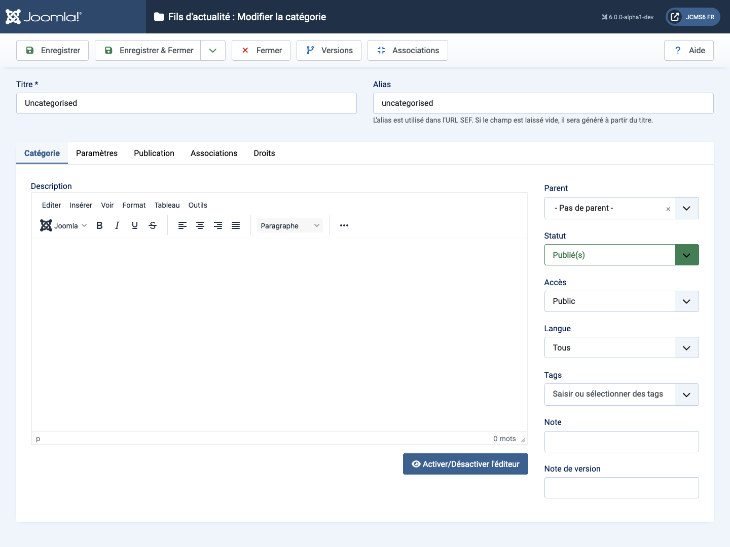 Éditer la catégorie des flux de nouvelles dans l'onglet catégorie