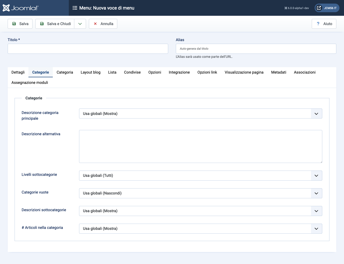 Menu Item Articoli Elenca Tutte le Categorie  scheda categorie