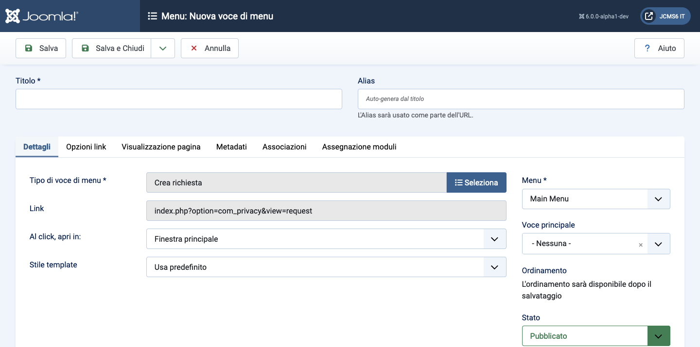 Dettagli scheda Richiesta Creazione Elemento Menu Privacy