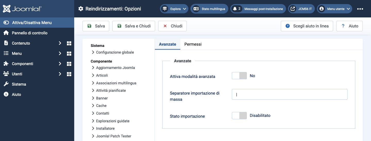 Opzioni di reindirizzamento nella scheda avanzata