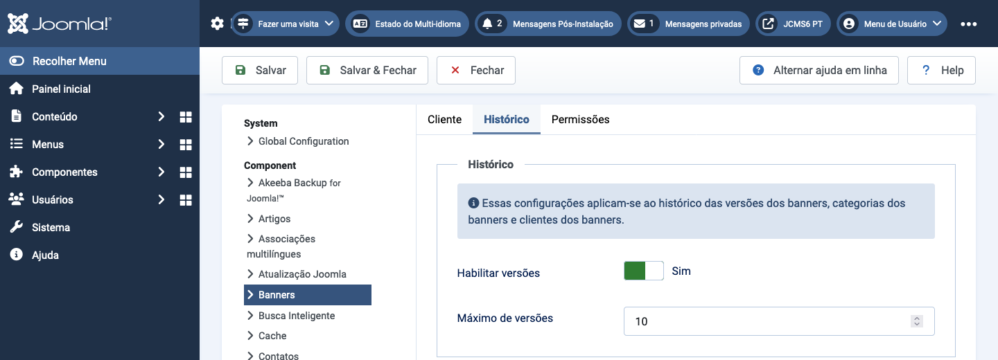 Aba de histórico de opções de Banners