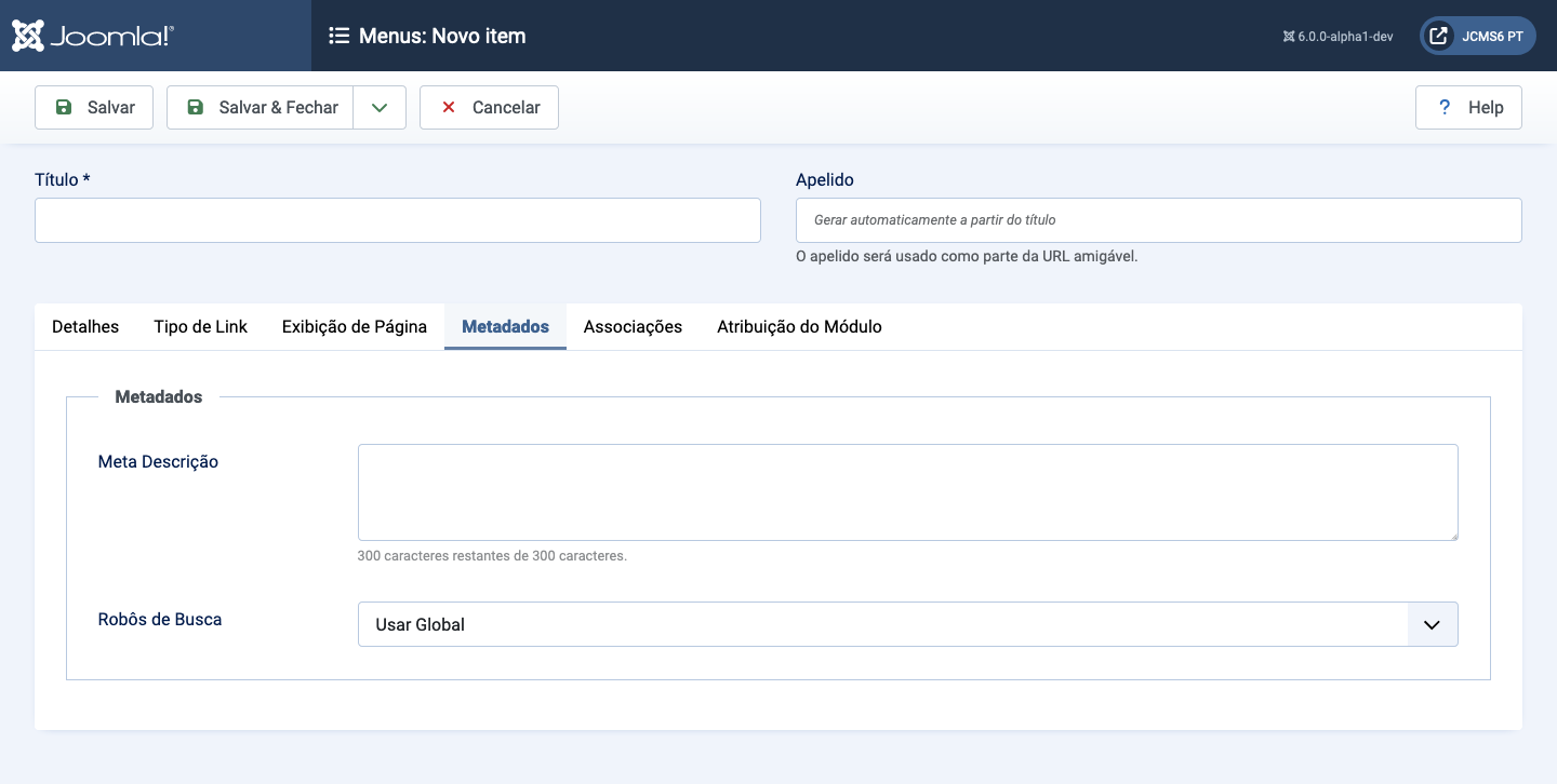 aba de metadados do item de menu