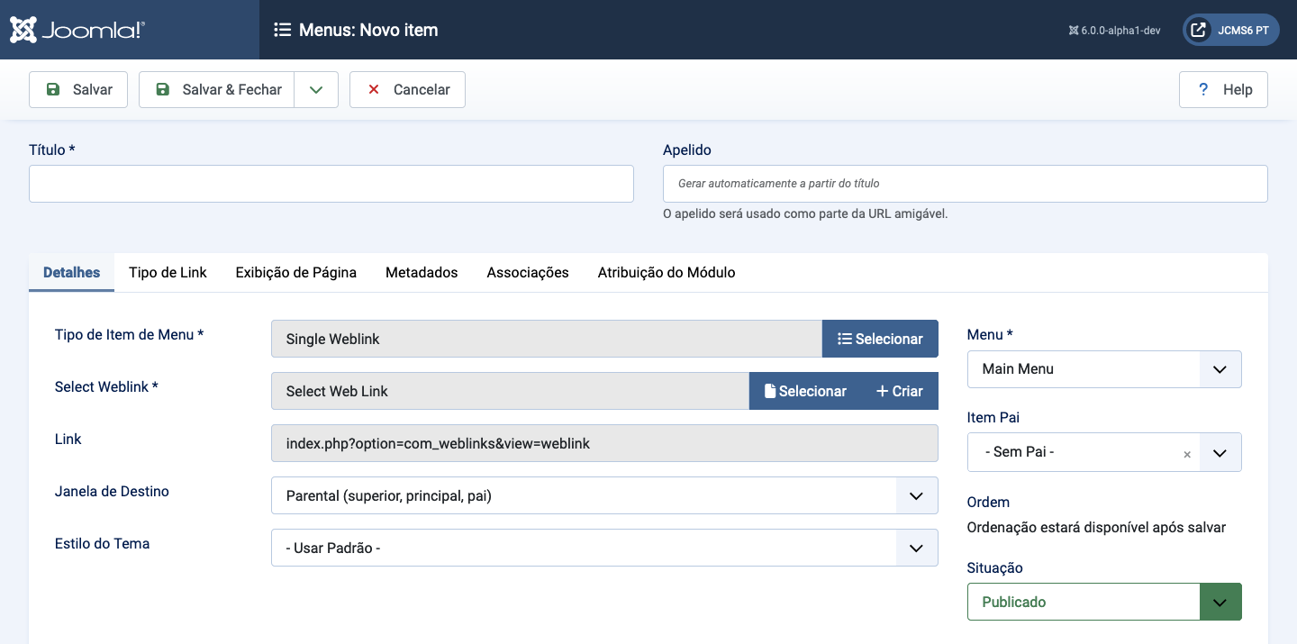 Item de menu enviar um link da web