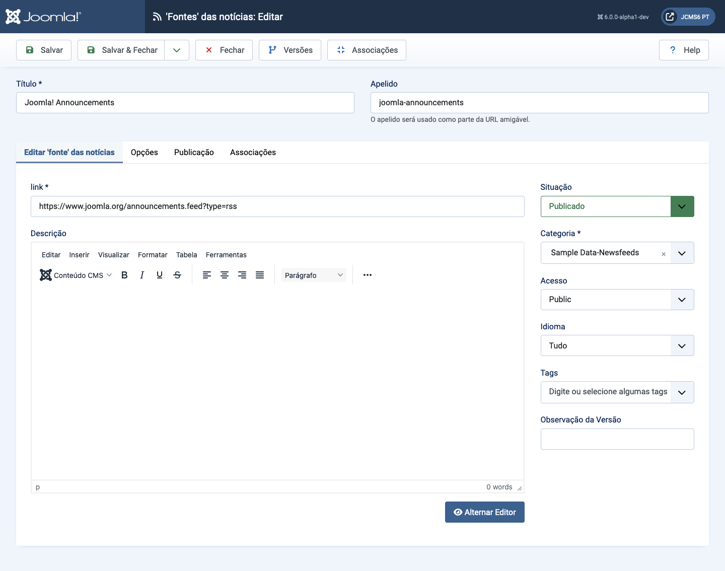 Aba de edição de canais de notícias