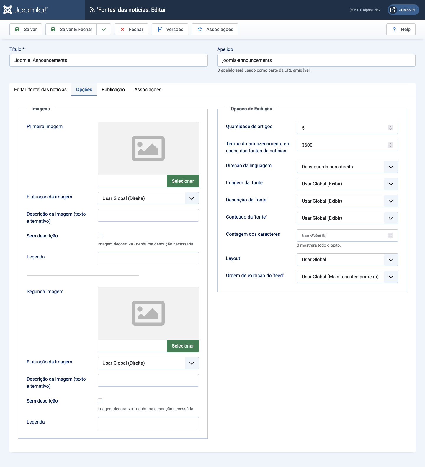 Aba de opções de feeds de notícias