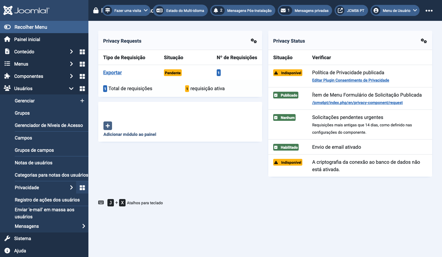 dashboard de privacidade