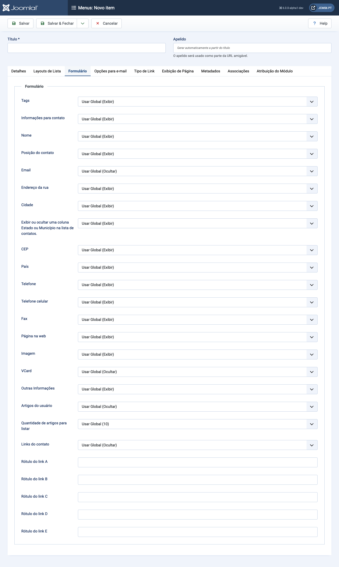 Aba de Exibição de Contatos na Lista de Contatos de um Item de Menu