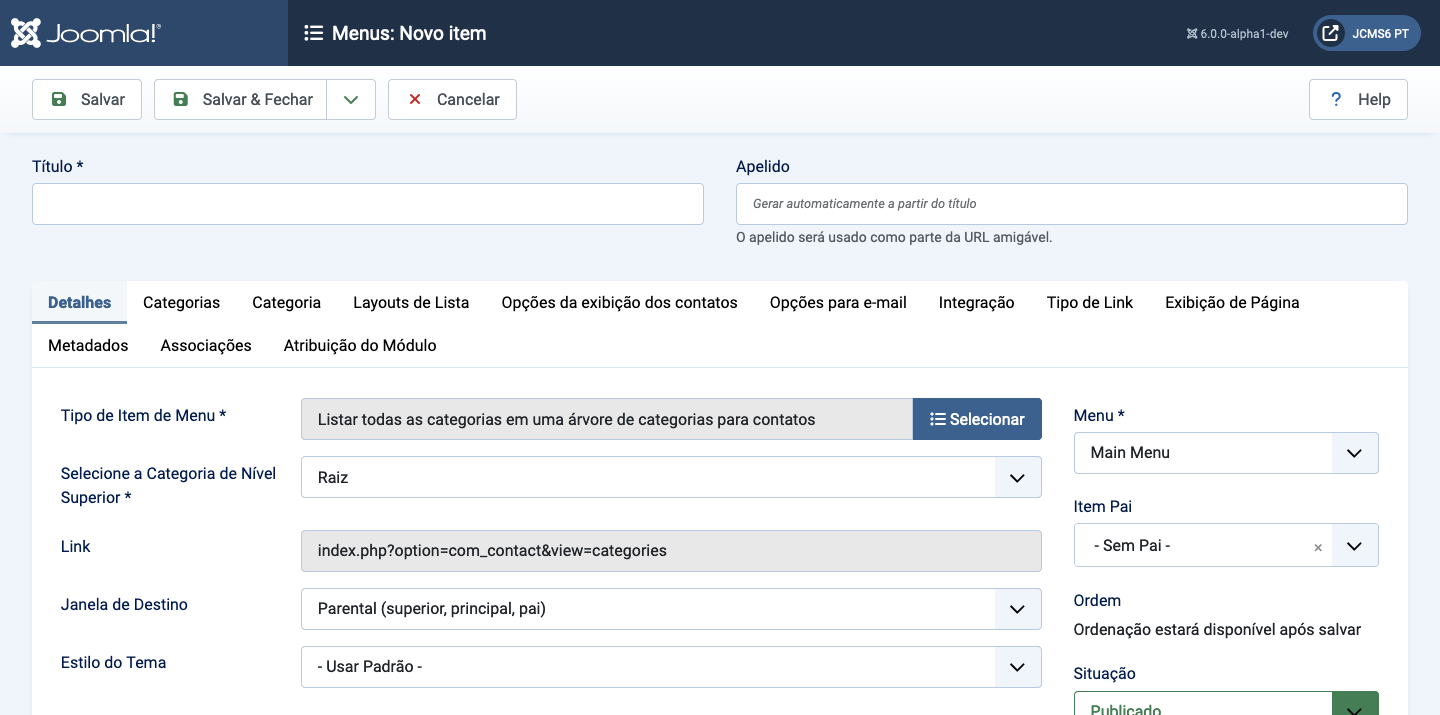 Lista de Itens do Menu Contatos na aba de detalhes de uma Categoria