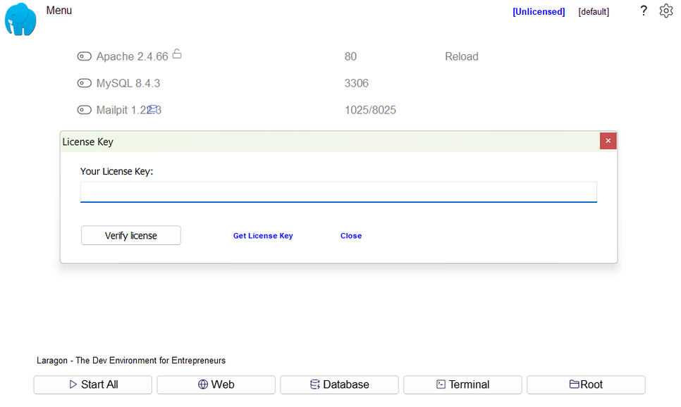 laragon setup license key window