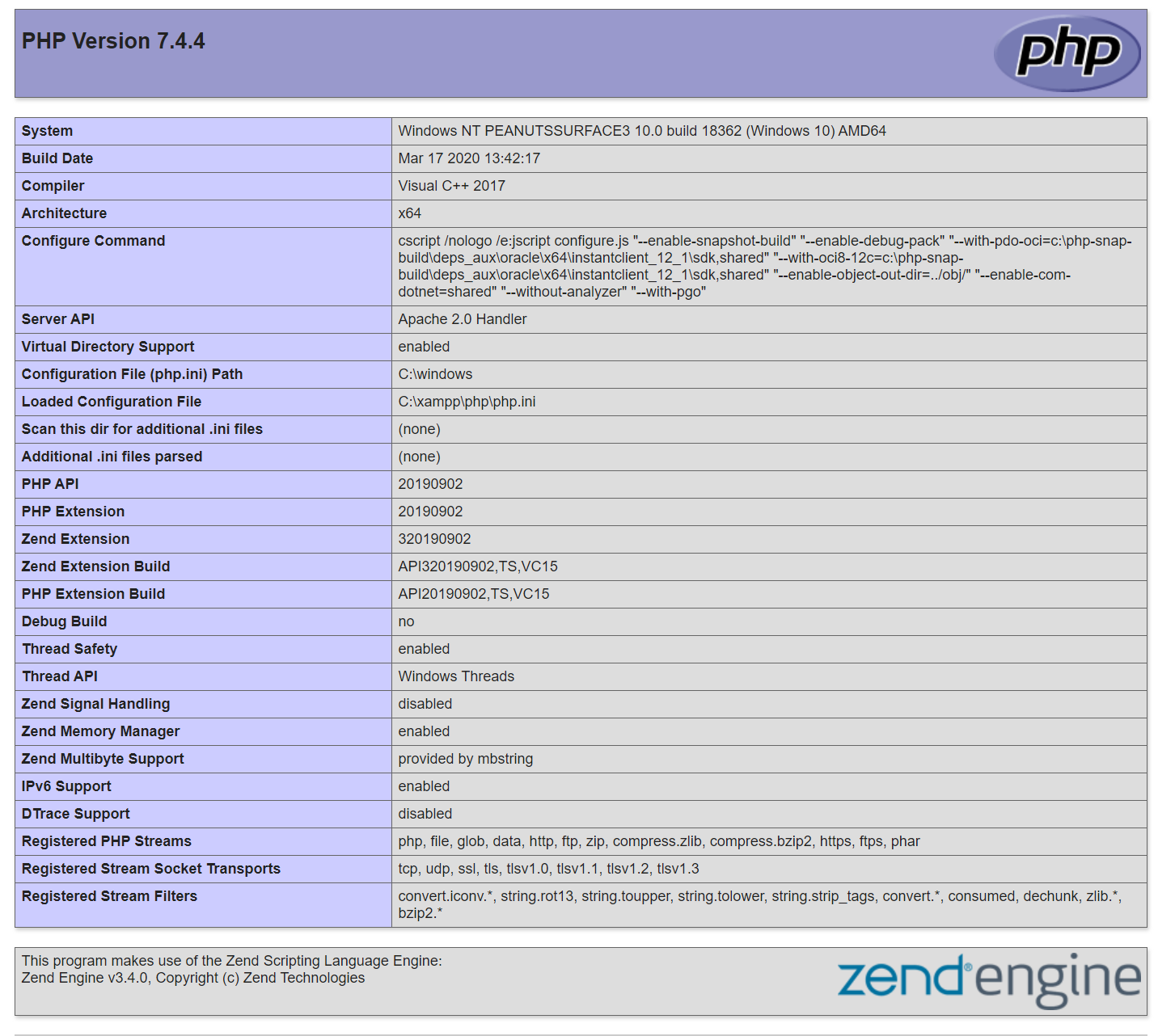 The xampp php version information page