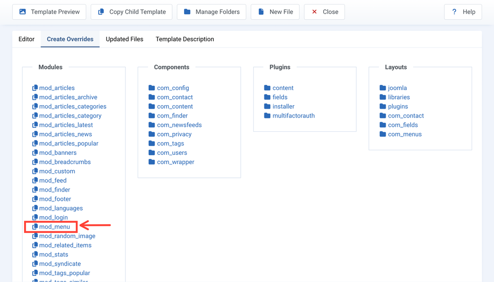 module menu template override selection