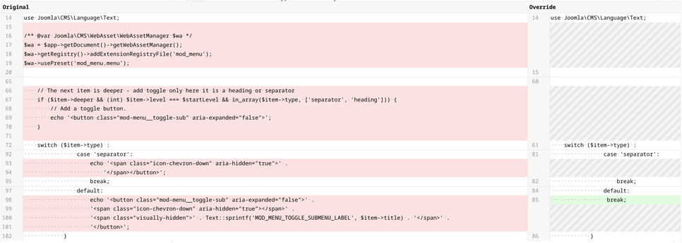 Diff view after removing the code lines for the toggle functionality