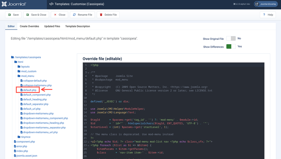 mod_menu override edit tab - open default.php