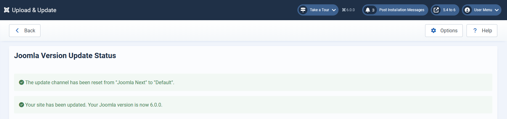 Update Status page showing success