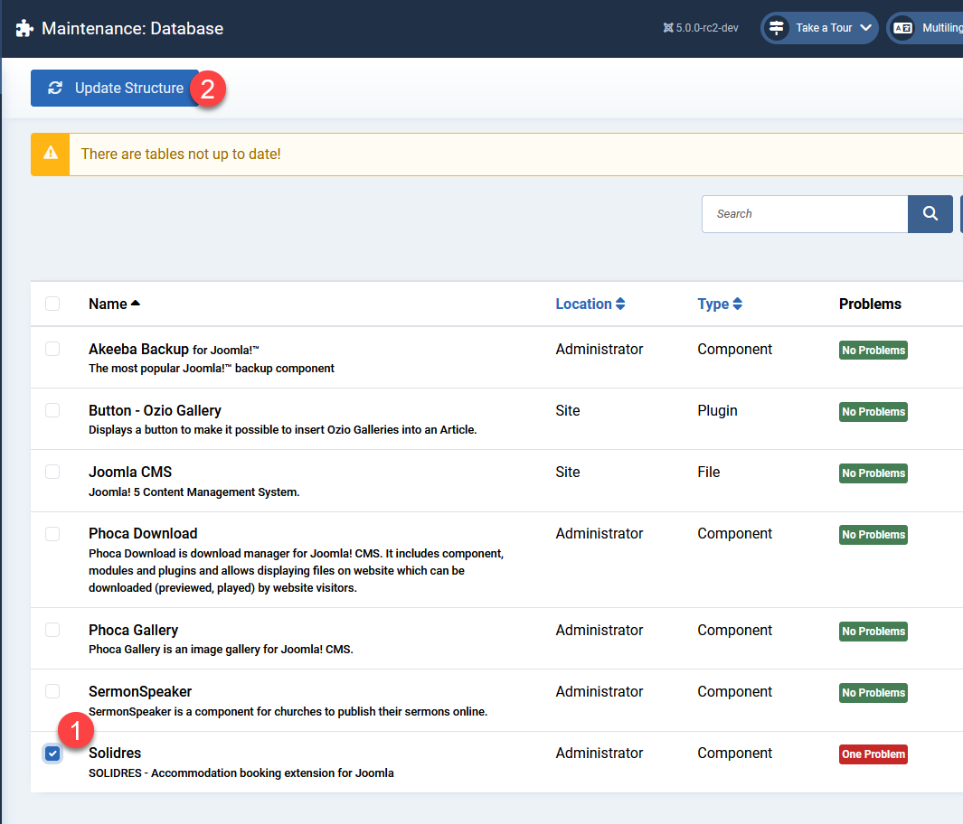 Maintenance database page showing one problem