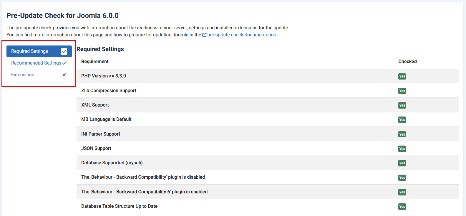 Pre-update check with sidebar outlined