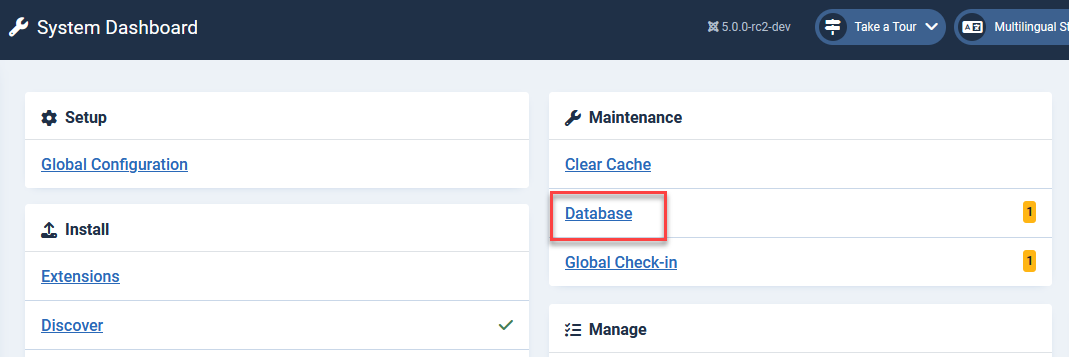 System Dashboard with Database link outlined