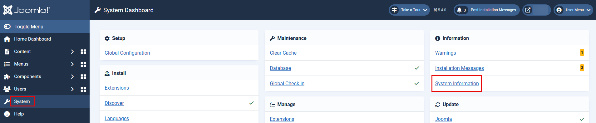 System Dashboard with the System Information link outlined