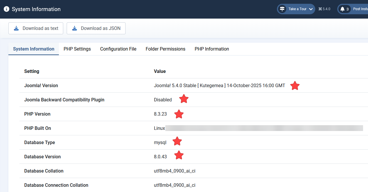 System Information Showing Joomla Version, PHP Version, DB Type, DB Version and BC Compatibility Plugin Disabled