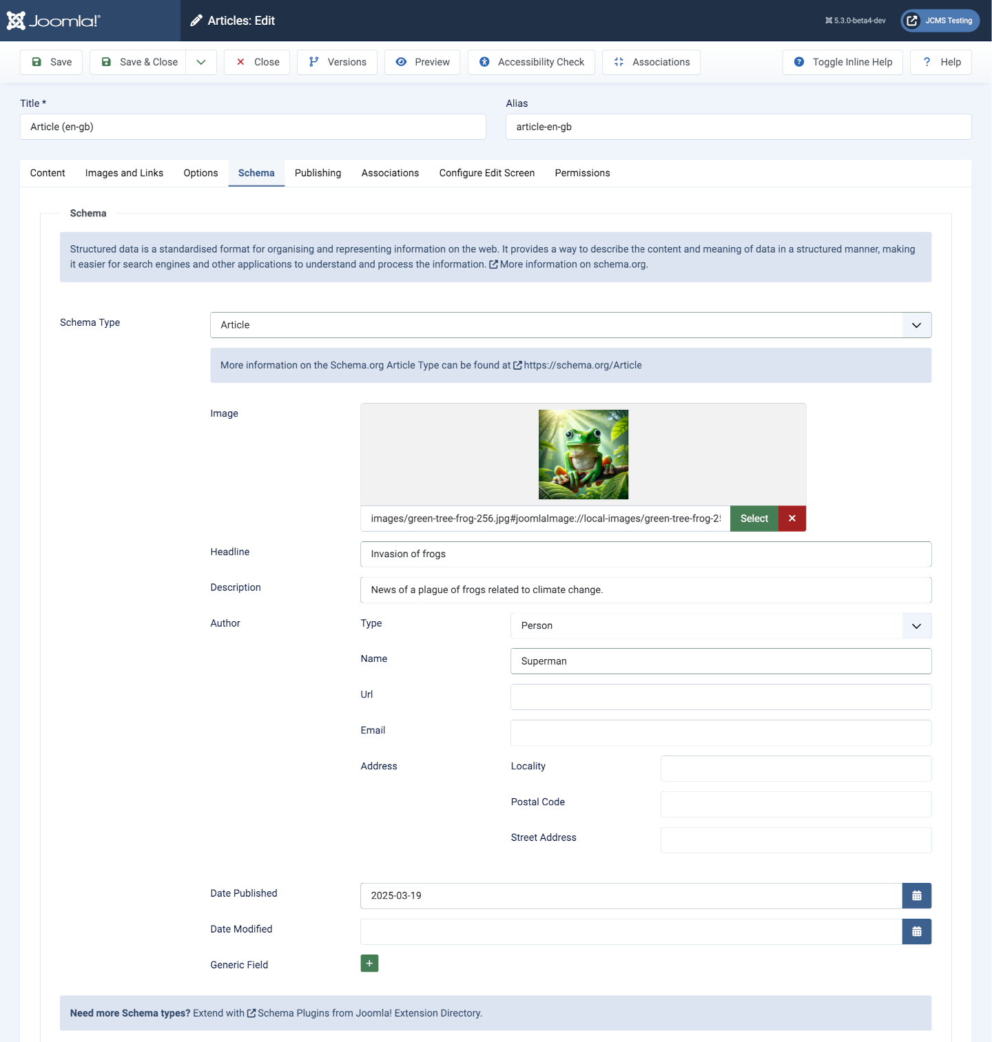 An article schema edit form