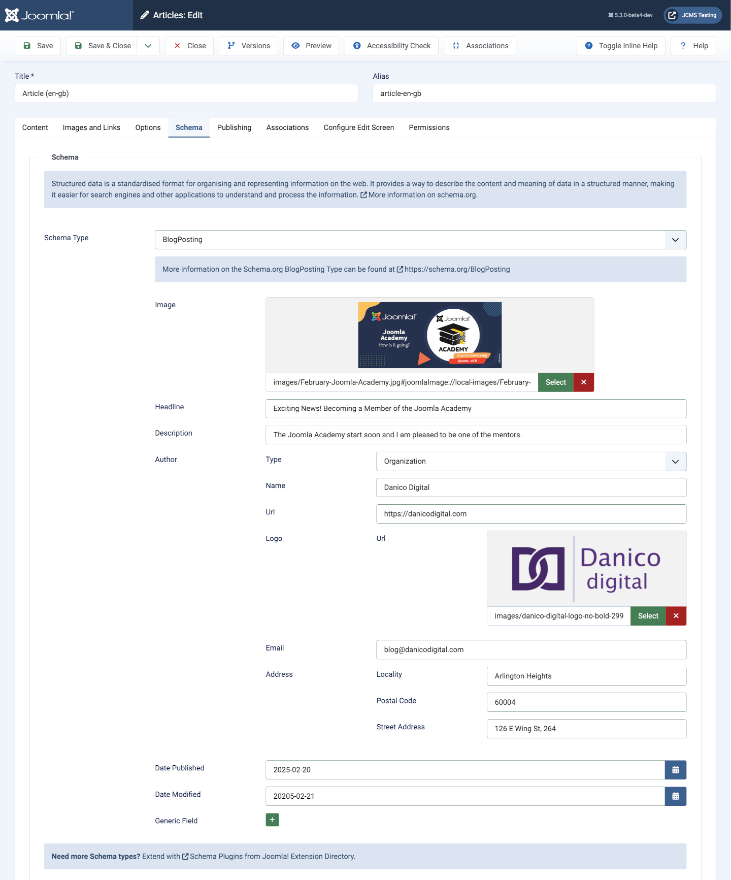A blogposting schema edit form