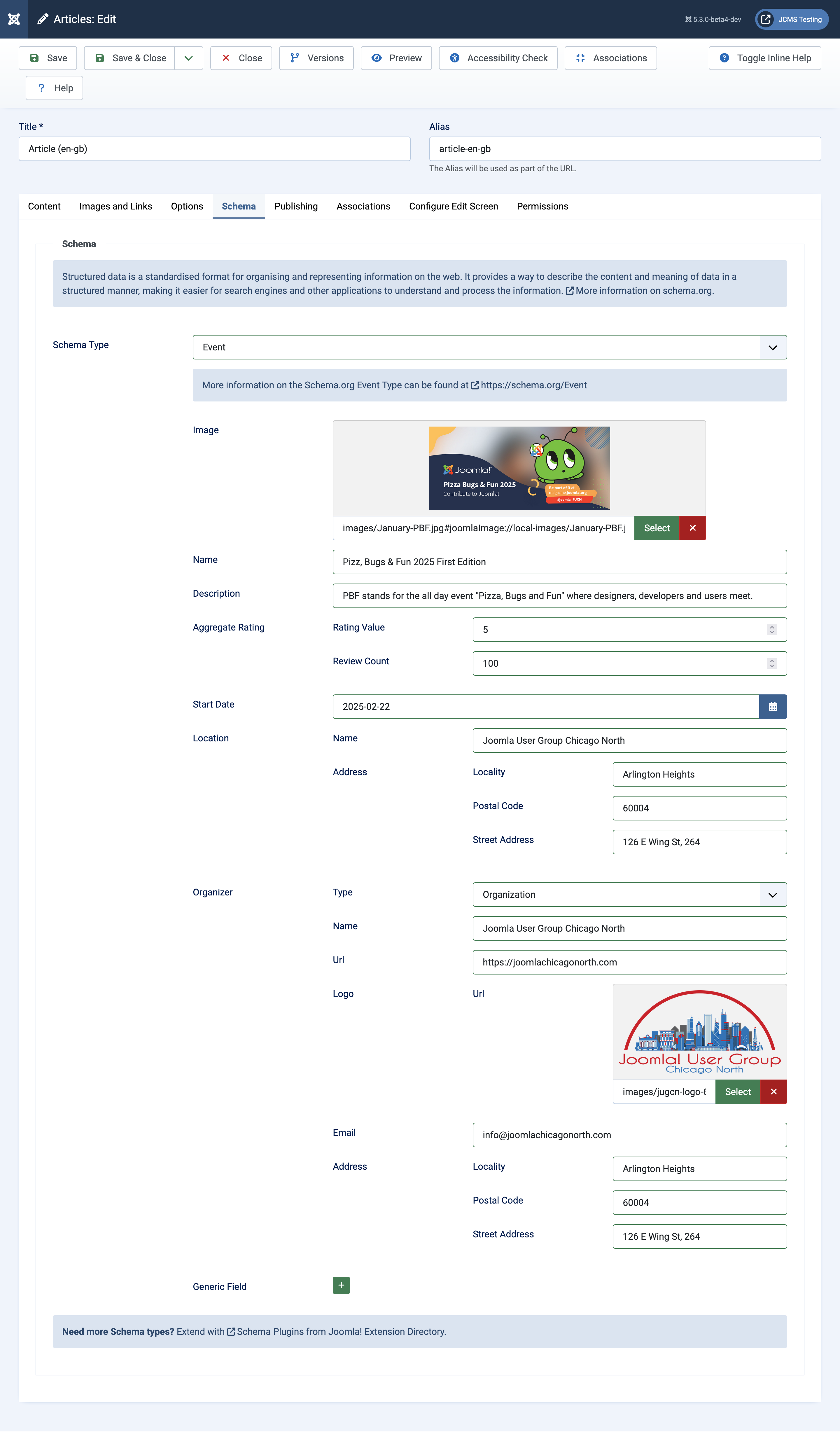 An event schema edit form
