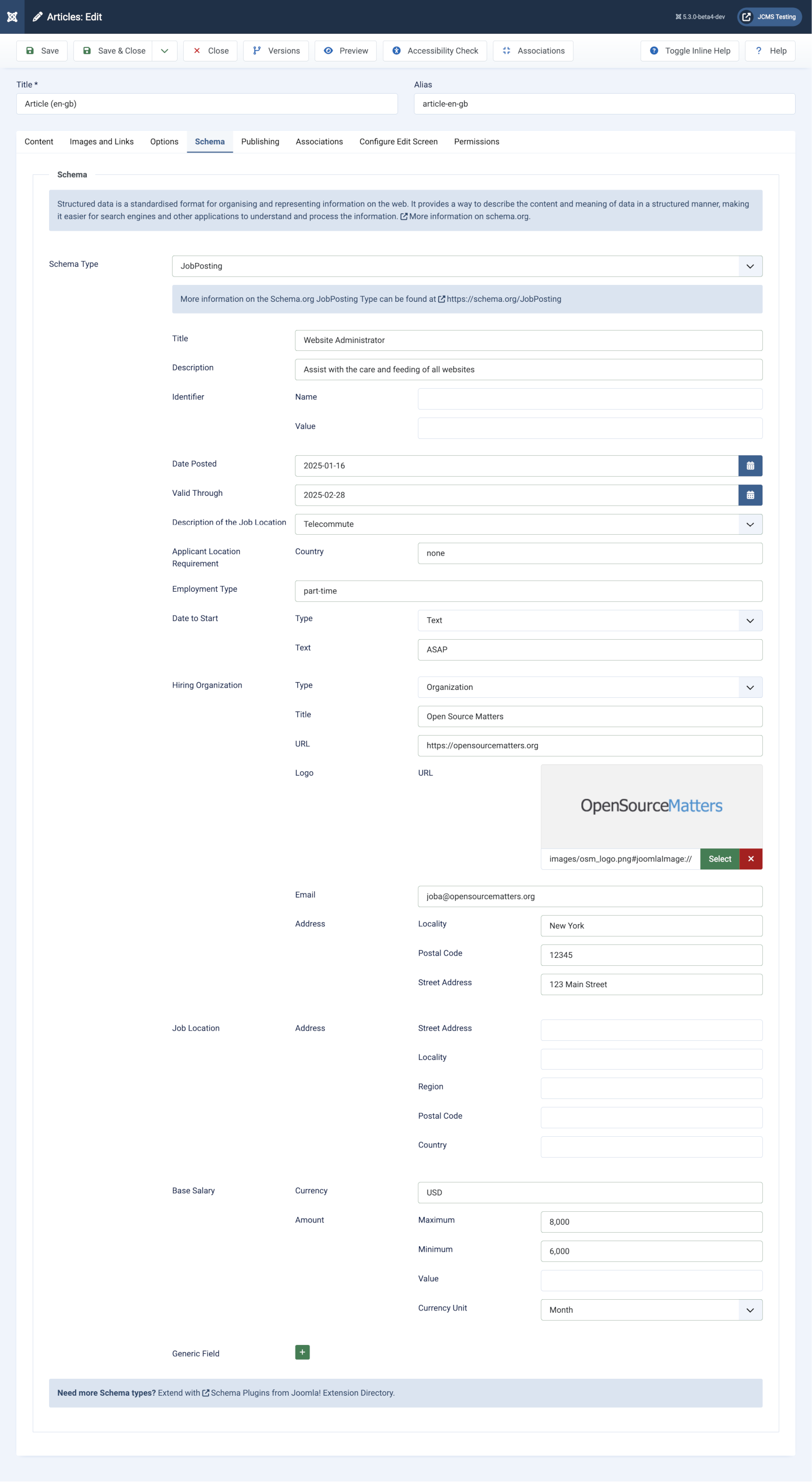 A jobposting schema edit form