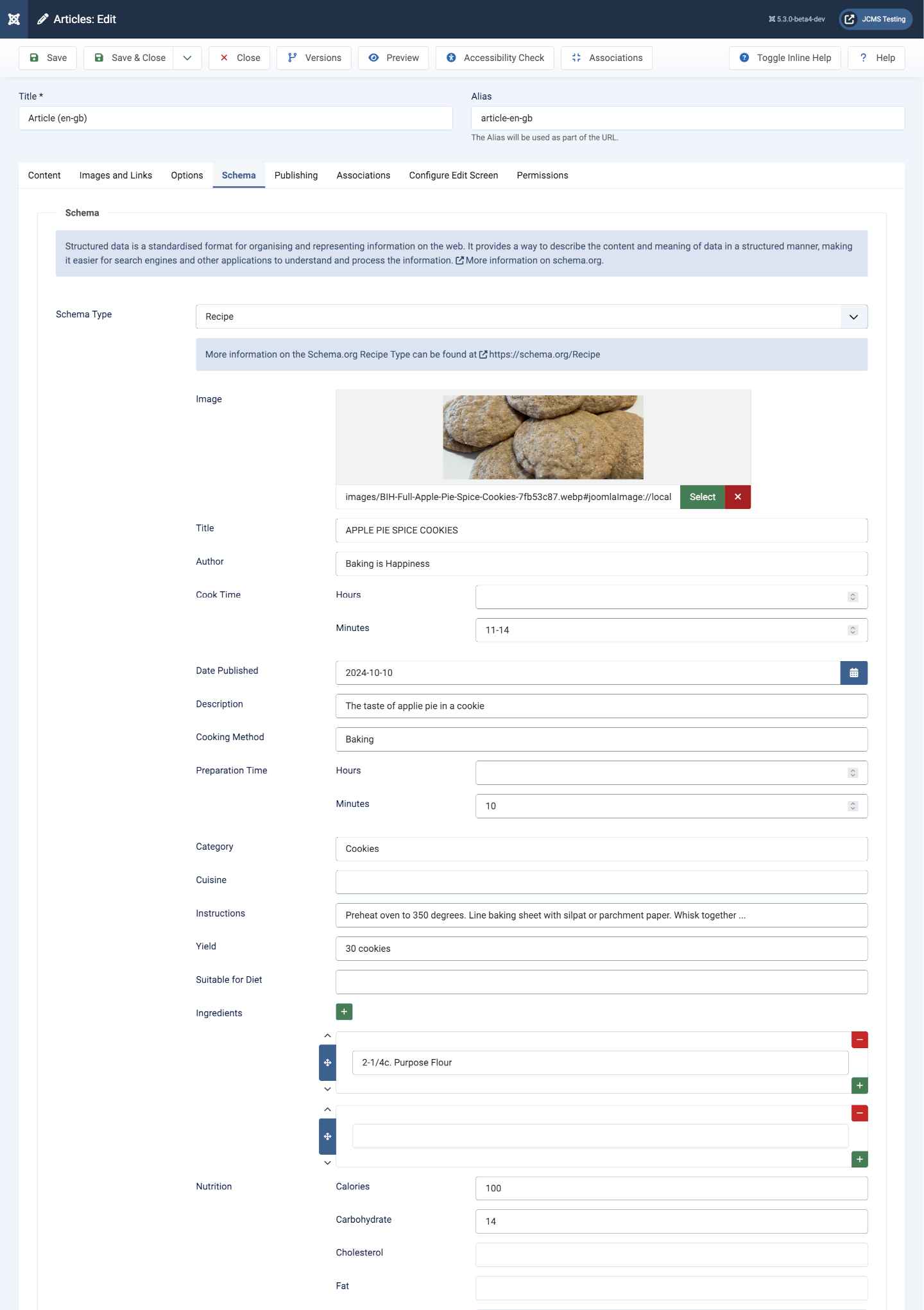 A recipe schema edit form