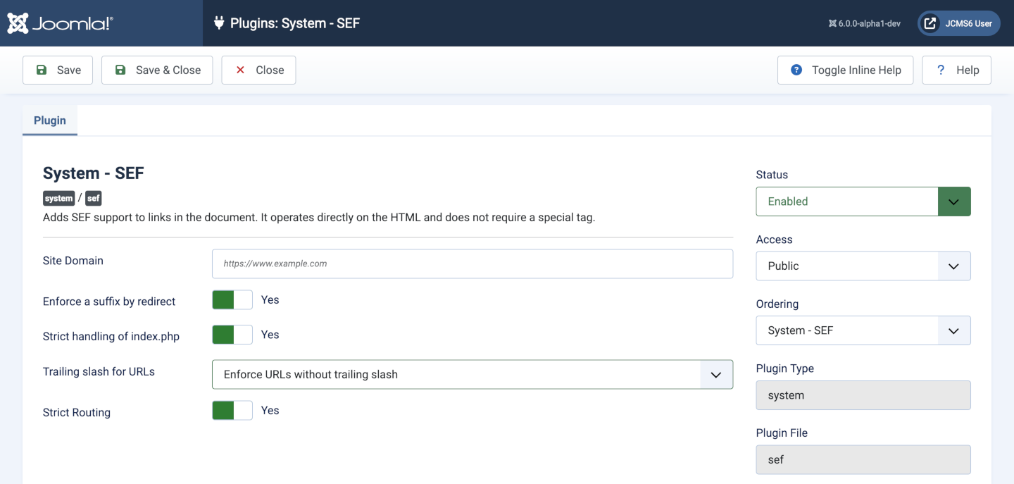 system sef plugin settings