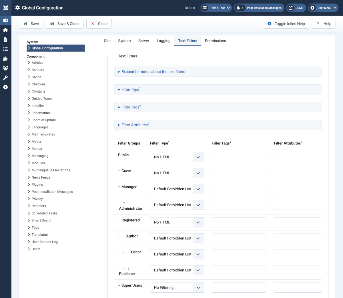 global configuration of text filters