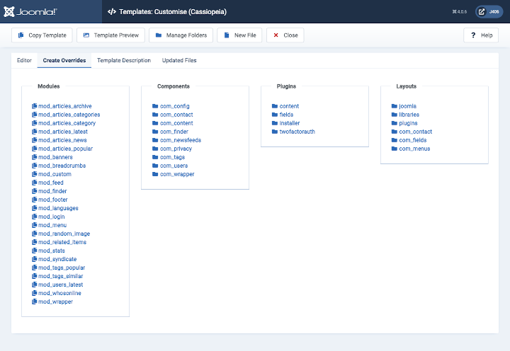 templates customise cassiopeia overrides tab